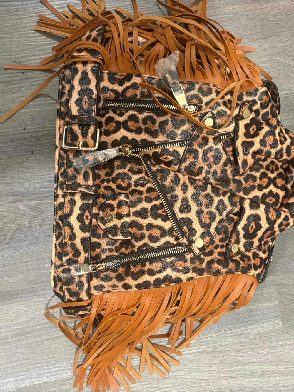 Leopard Print Fringe Backpack Tote - Brown